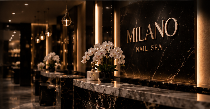 Milano Nail Spa reception with marble counter and orchids