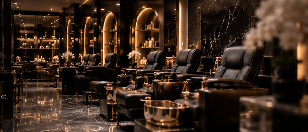 Row of black leather pedicure chairs with gold basins