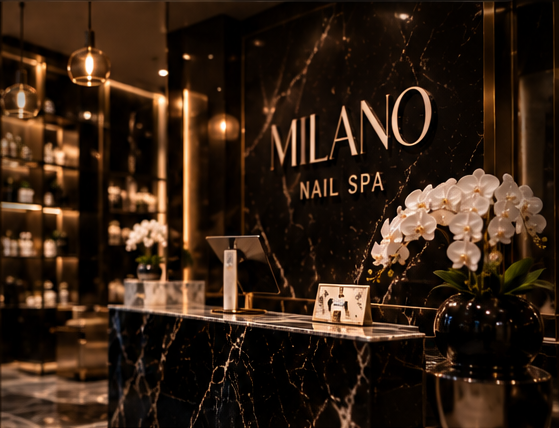 Milano Nail Spa reception desk with marble wall and orchids