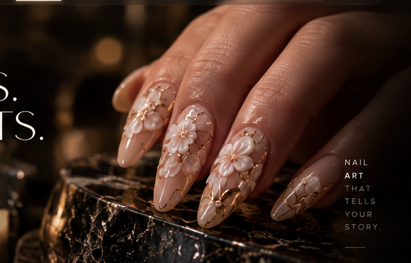Almond nails with pink floral art on a black marble pedestal