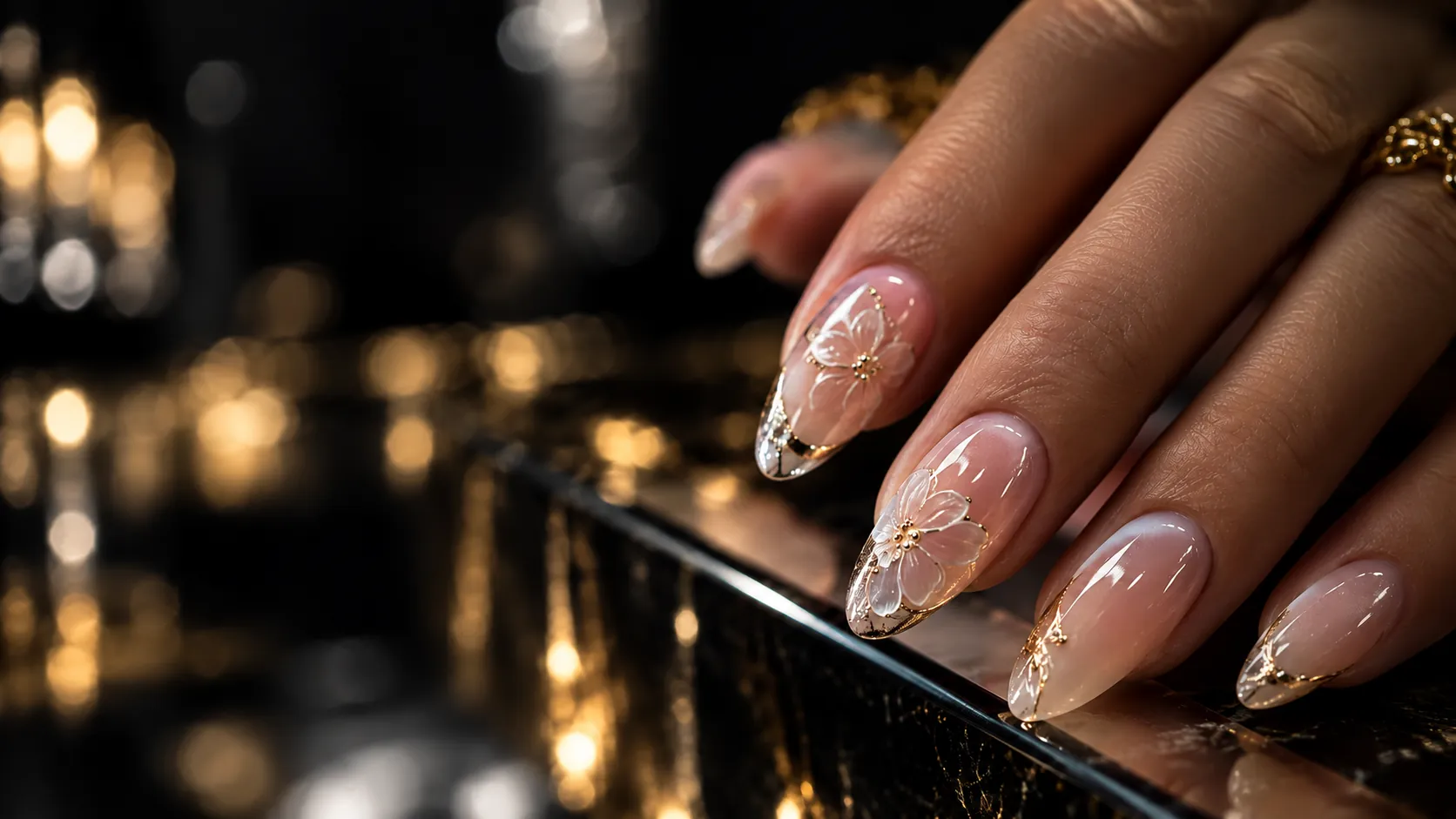 Almond nails with sheer gel and gold-leaf floral detail