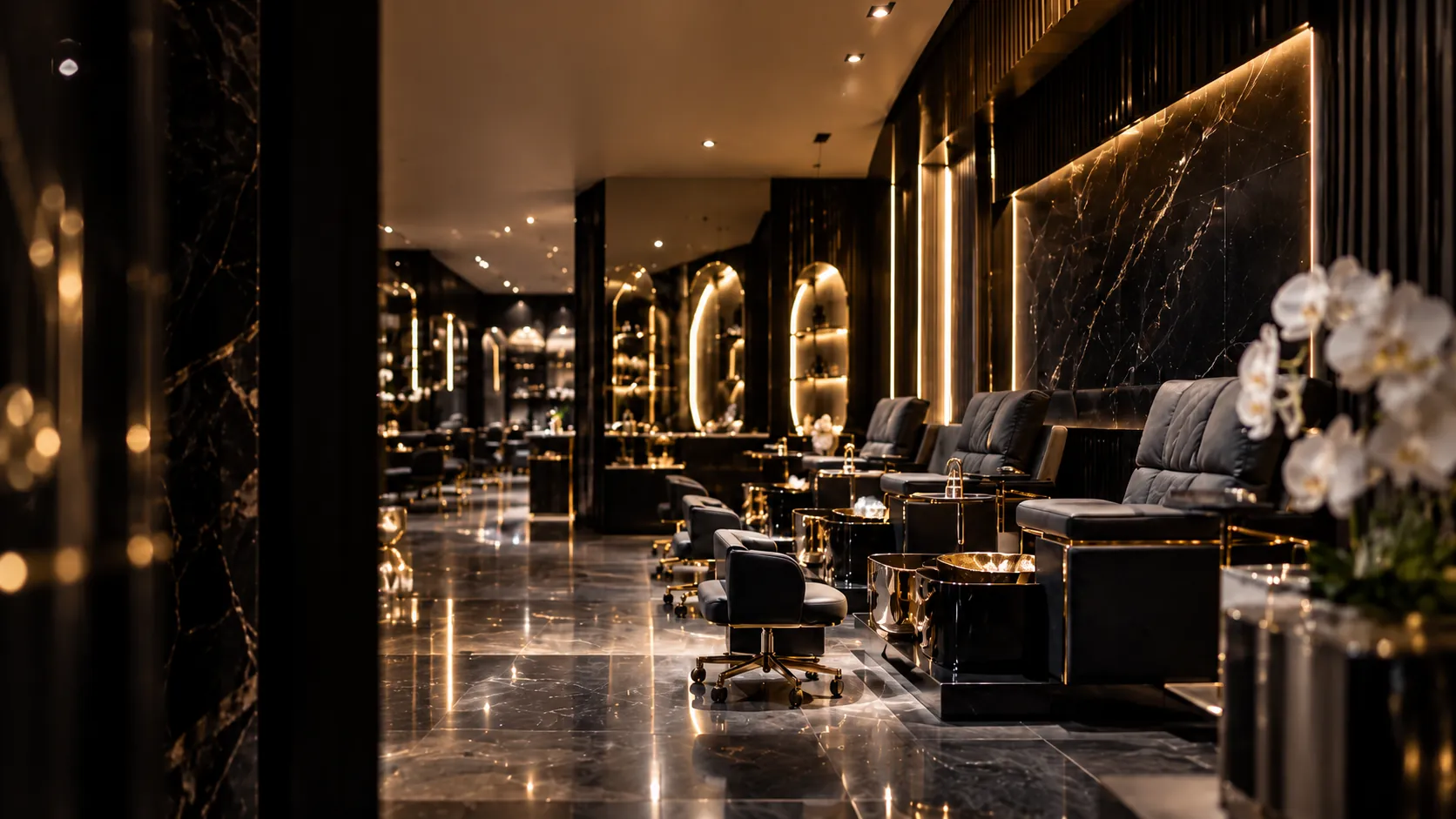 Milano salon interior with black leather pedicure chairs and warm gold lighting