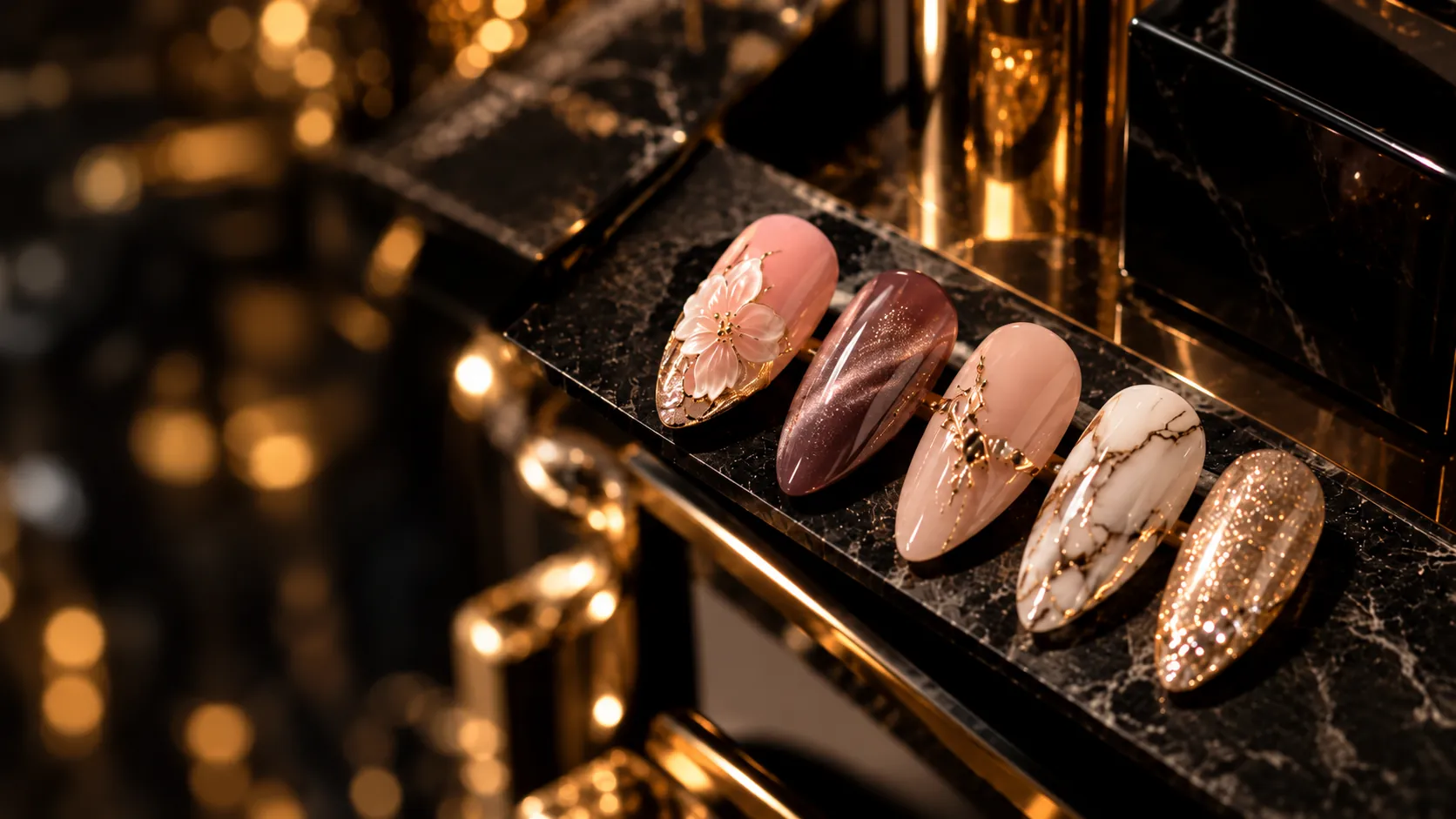 Five almond press-on nails on black marble: floral, cat-eye, gold-line, marble and glitter