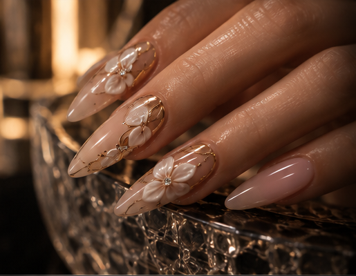 Sheer almond nails with white 3D florals and gold lines