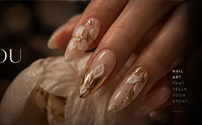 Almond nails with white floral 3D art and gold detail
